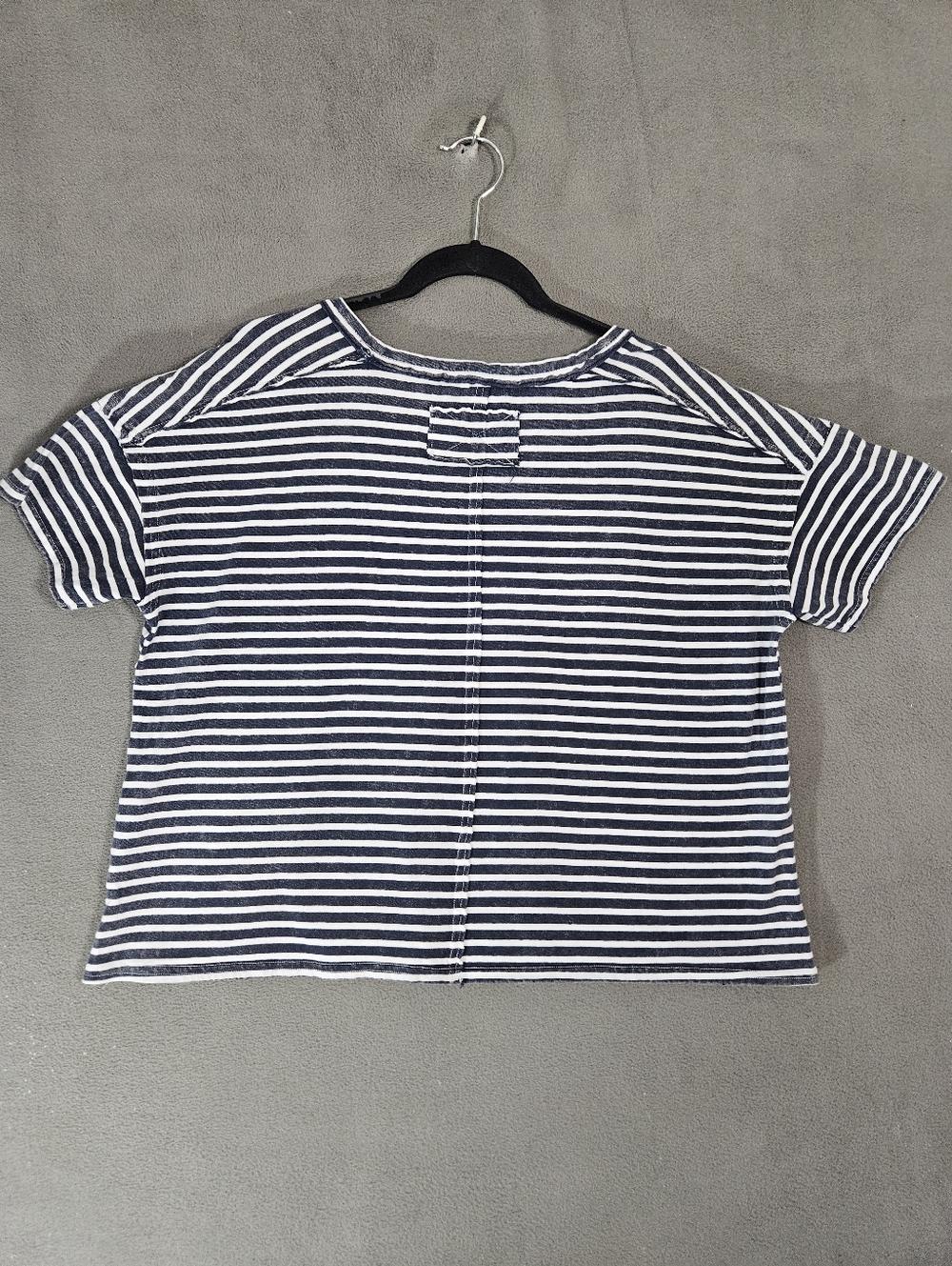 JOA Womens Crop Tee Shirt Large Oversized Lagenlook Blue Striped Scoopneck Boho - Picture 7 of 8